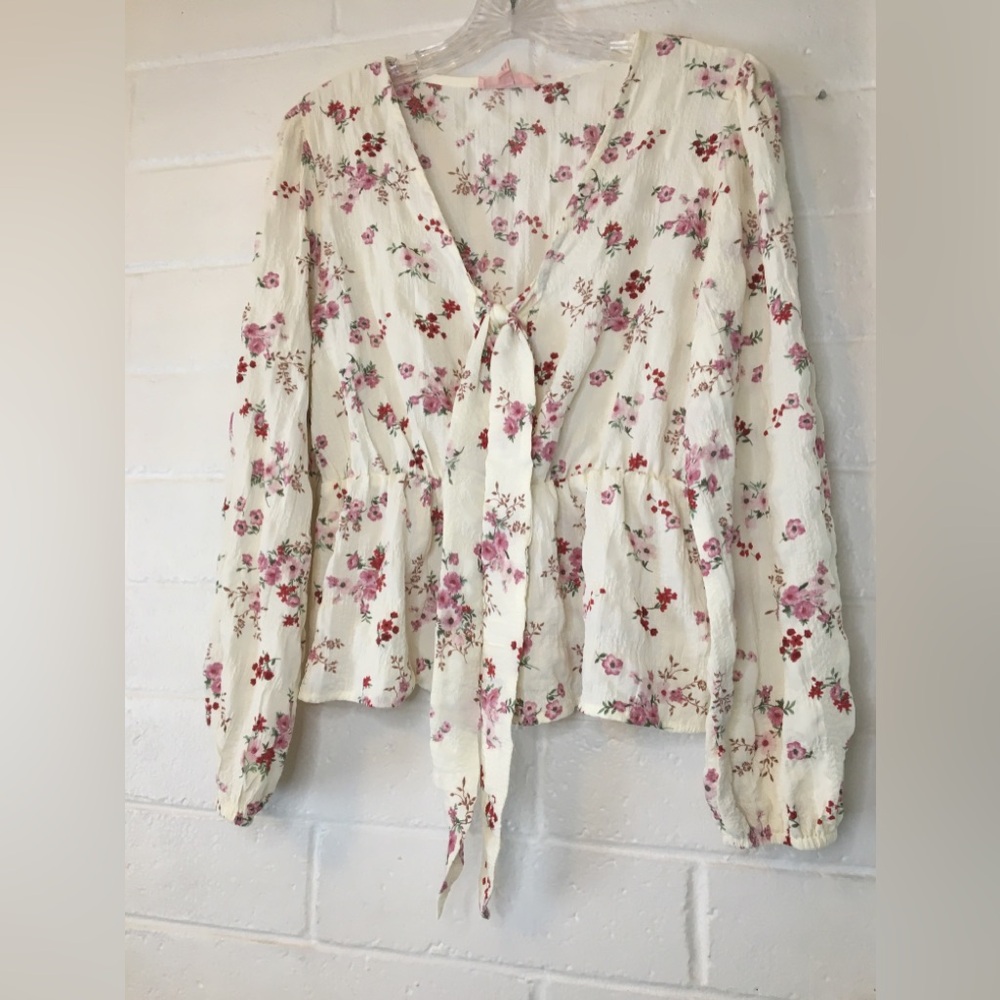 Floral Tie-Front Blouse - Cream and Pink - Picture 11 of 16